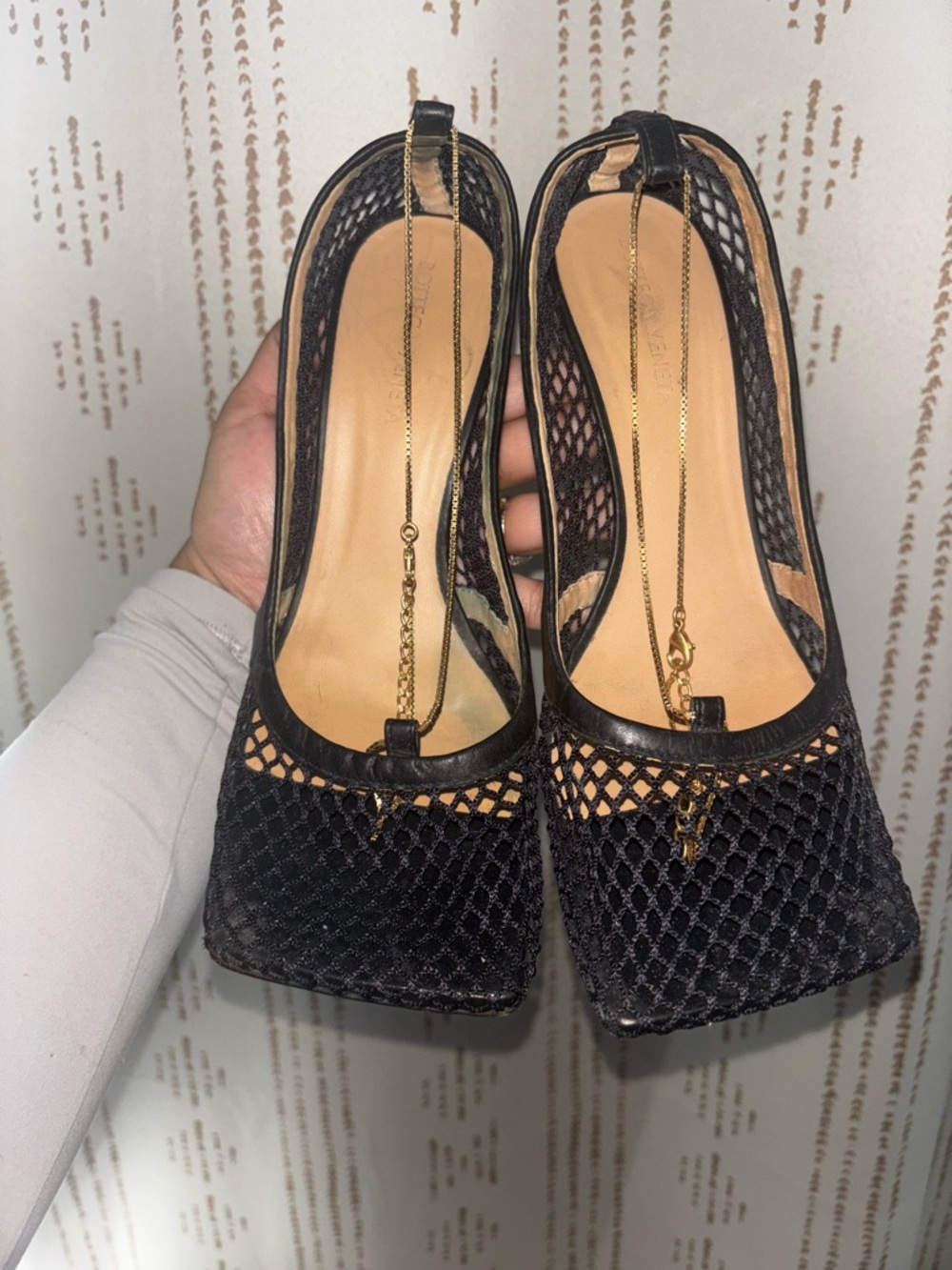 Bottega Veneta Black Mesh Square-Toe Pumps with Gold Chain Detail